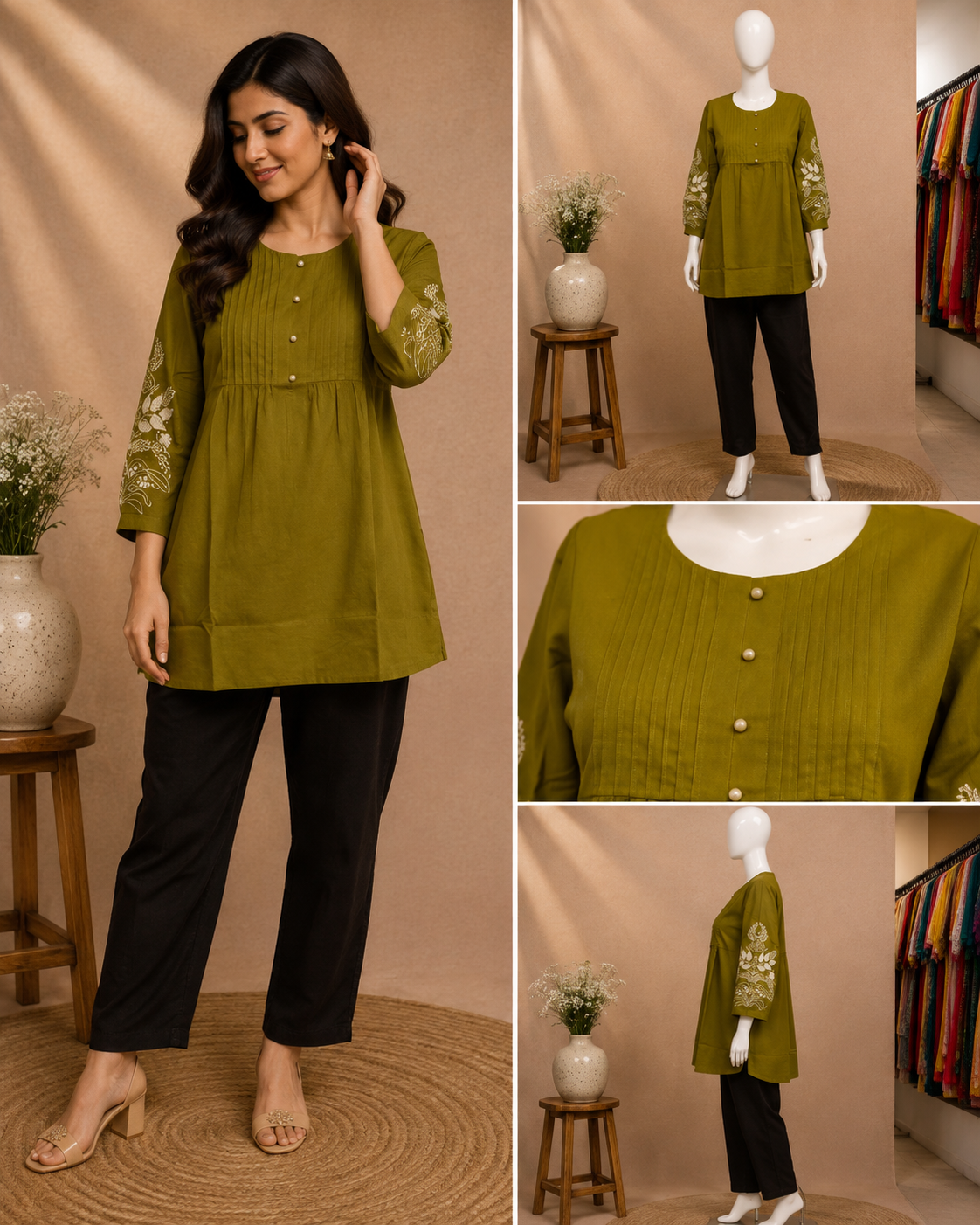 An olive green kurta with three-quarter sleeves, buttoned front, and floral embroidery on the sleeves, shown on a model wearing black pants and in a multi-view collage layout.