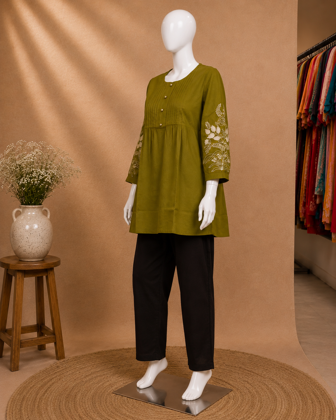 A mannequin wearing an olive green tunic top with white floral embroidery on the sleeves, paired with black trousers, set against a warm brown backdrop with a small wooden stool and vase of flowers.