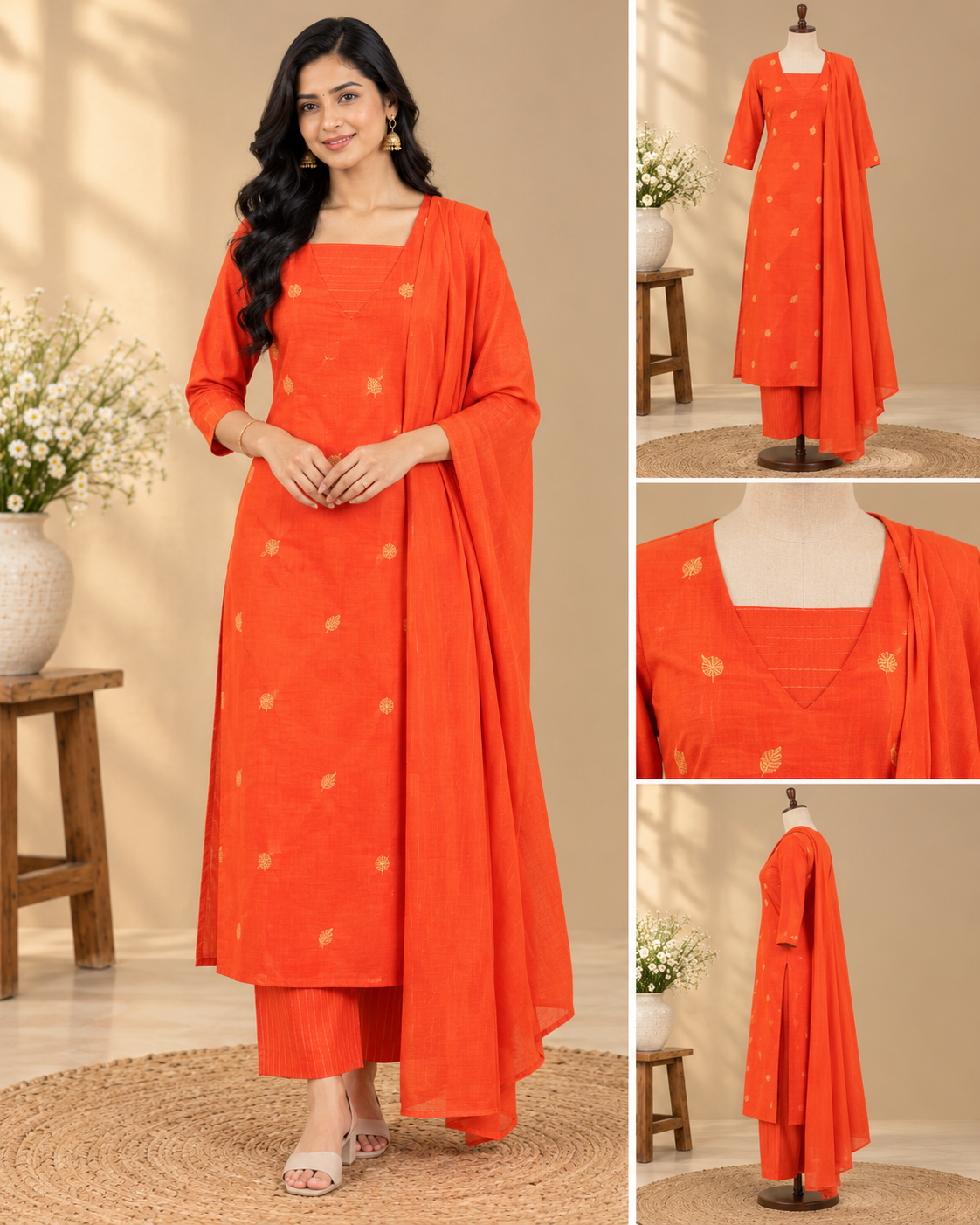 Orange kurta pant set with golden motifs, round neckline, matching striped pants and striped dupatta with tassel details.