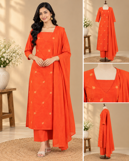 Orange kurta pant set with golden motifs, round neckline, matching striped pants and striped dupatta with tassel details.