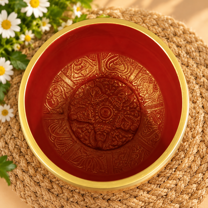 Red and Gold Ornate Tibetan Singing Bowl with Wooden Mallet and Cushion