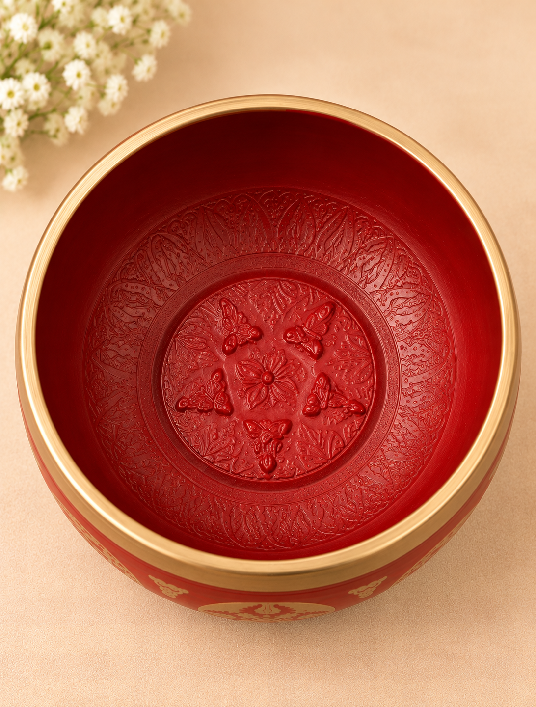 Red Engraved Singing Bowl with Wooden Mallet – 3.5 Inch