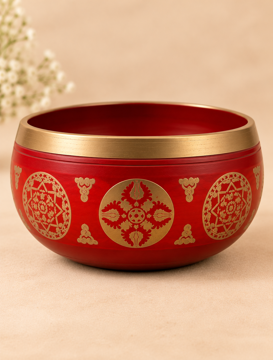 Red Engraved Singing Bowl with Wooden Mallet – 3.5 Inch