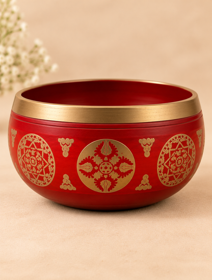 Red Engraved Singing Bowl with Wooden Mallet – 3.5 Inch