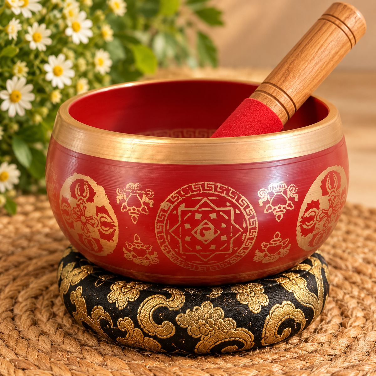 Red and Gold Ornate Tibetan Singing Bowl with Wooden Mallet and Cushion