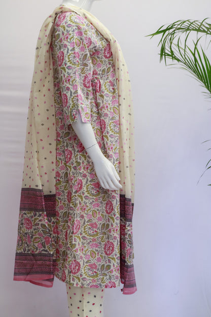 Pink Cotton Anarkali Dupatta Set