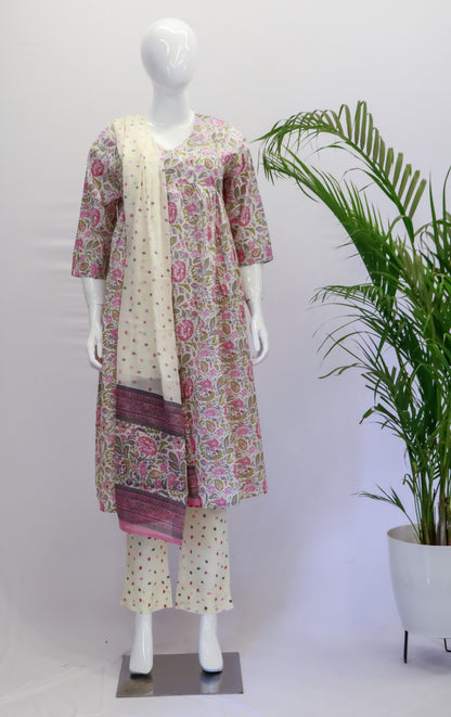 A mannequin displaying a pink cotton Anarkali dupatta set with floral prints, consisting of a kurta, pants, and dupatta.