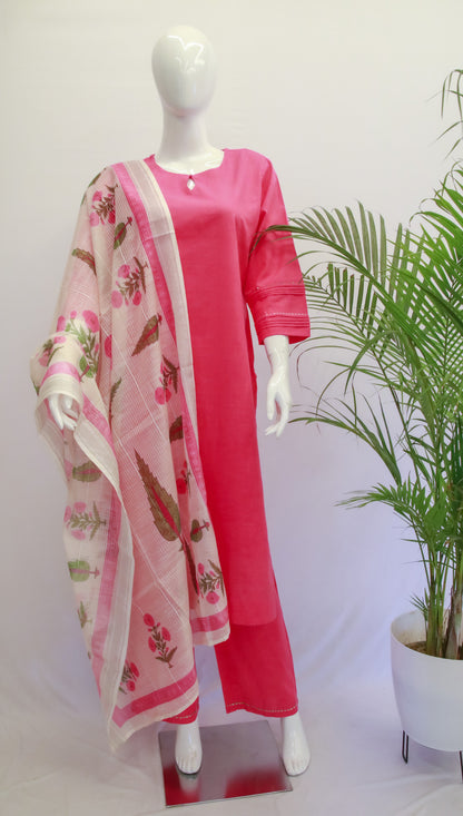 Pink Plain Cotton Dupatta Set