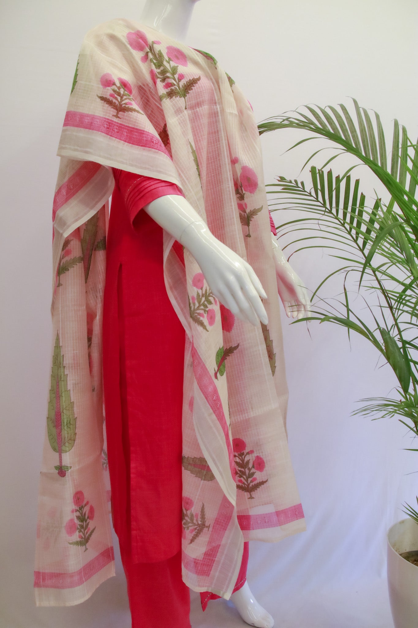 Pink Plain Cotton Dupatta Set