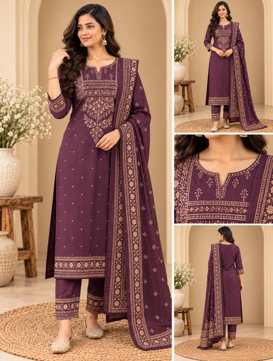 Purple cotton embroidered kurta pant set with beige-gold floral detailing and matching dupatta on a female model.
