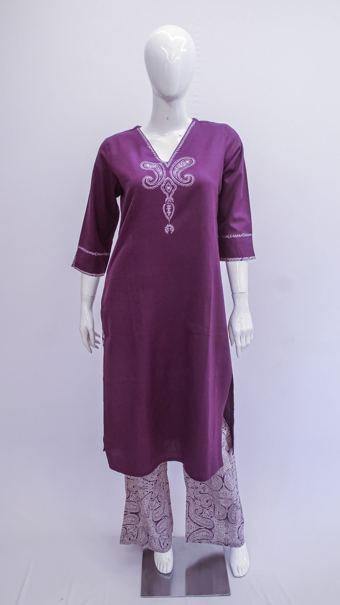 Plum Embroidered Kurta & Printed Pant Set