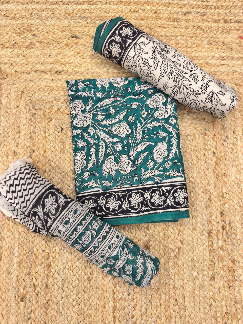 Premium Cotton Teal Green Floral Printed Unstitched Dress Material with Matching Cotton Bottom and Printed Dupatta by Udojas Sutra.