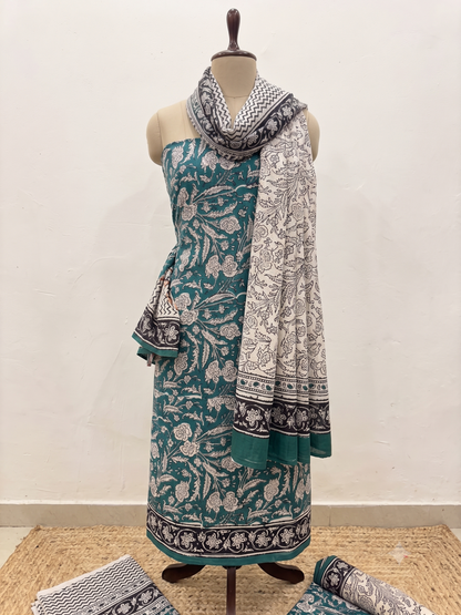 Premium Cotton Teal Green Floral Printed Unstitched Dress Material with Matching Cotton Bottom and Printed Dupatta by Udojas Sutra.
