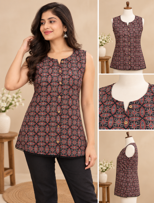 Women’s black printed sleeveless cotton short kurti with wooden buttons, geometric ethnic print and pom-pom hem trim, styled with black pants.