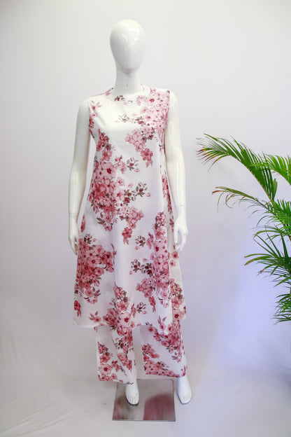 Sleeveless White & Peach Floral Co-ord Set
