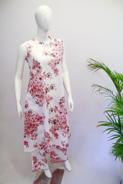 Sleeveless White & Peach Floral Co-ord Set