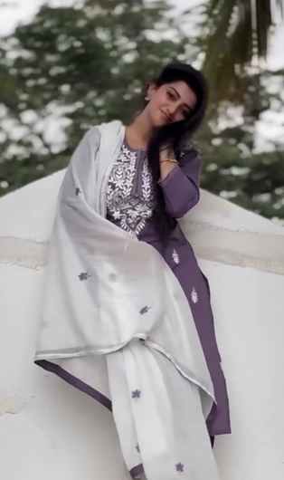 Purple Chikankari Cotton Dupatta Set

Straight Kurta with Round Neck Chikankari Embroidery – Purple

Cotton Pants with Elastic Waist and Chikankari Border

2.5m Cotton Dupatta with Chikankari Work – Purple Suit Set

Elegant Purple Cotton Chikankari Suit for Casual & Office Wear