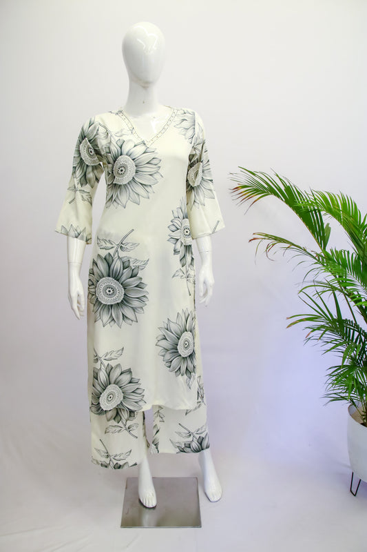 Rayon White & Green Floral Top and Pant Set