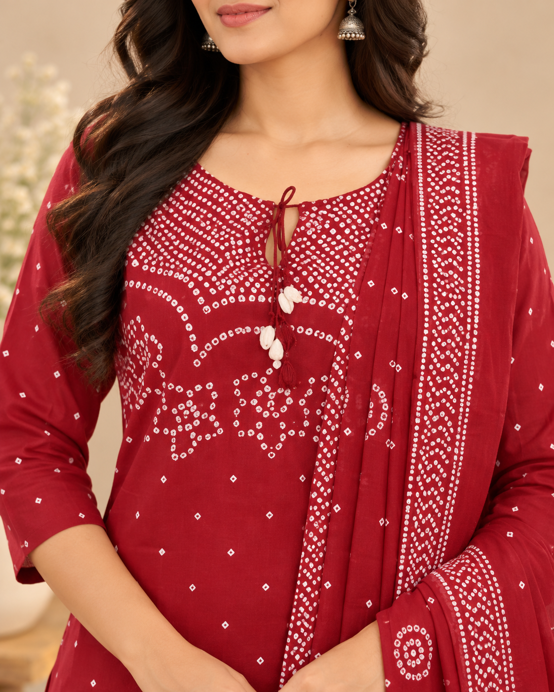 Red cotton Bandhani-print kurta pant set with white motifs, tassel neckline and matching printed dupatta.