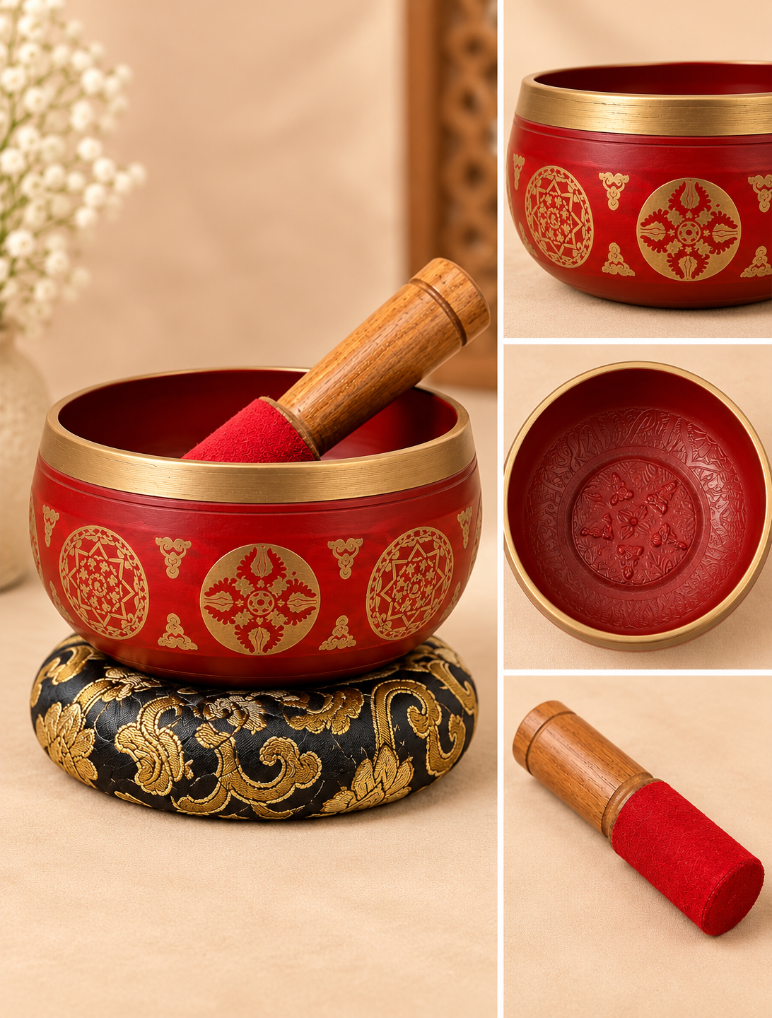 Red Engraved Singing Bowl with Wooden Mallet – 3.5 Inch