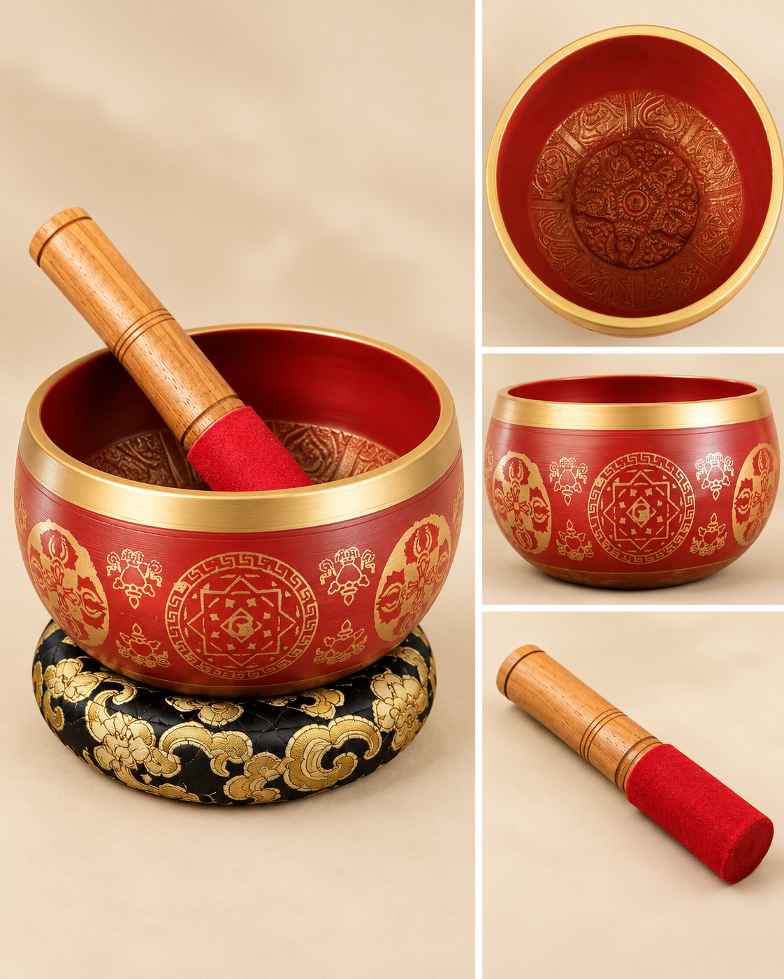 Red and Gold Ornate Tibetan Singing Bowl with Wooden Mallet and Cushion