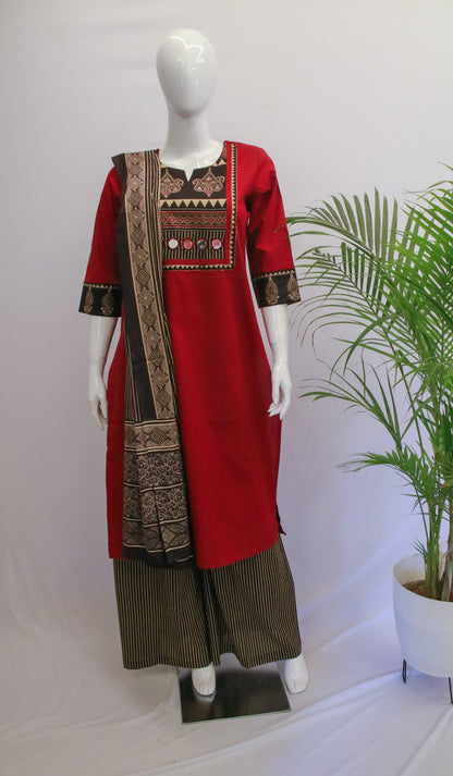 Red Cotton Dupatta Set