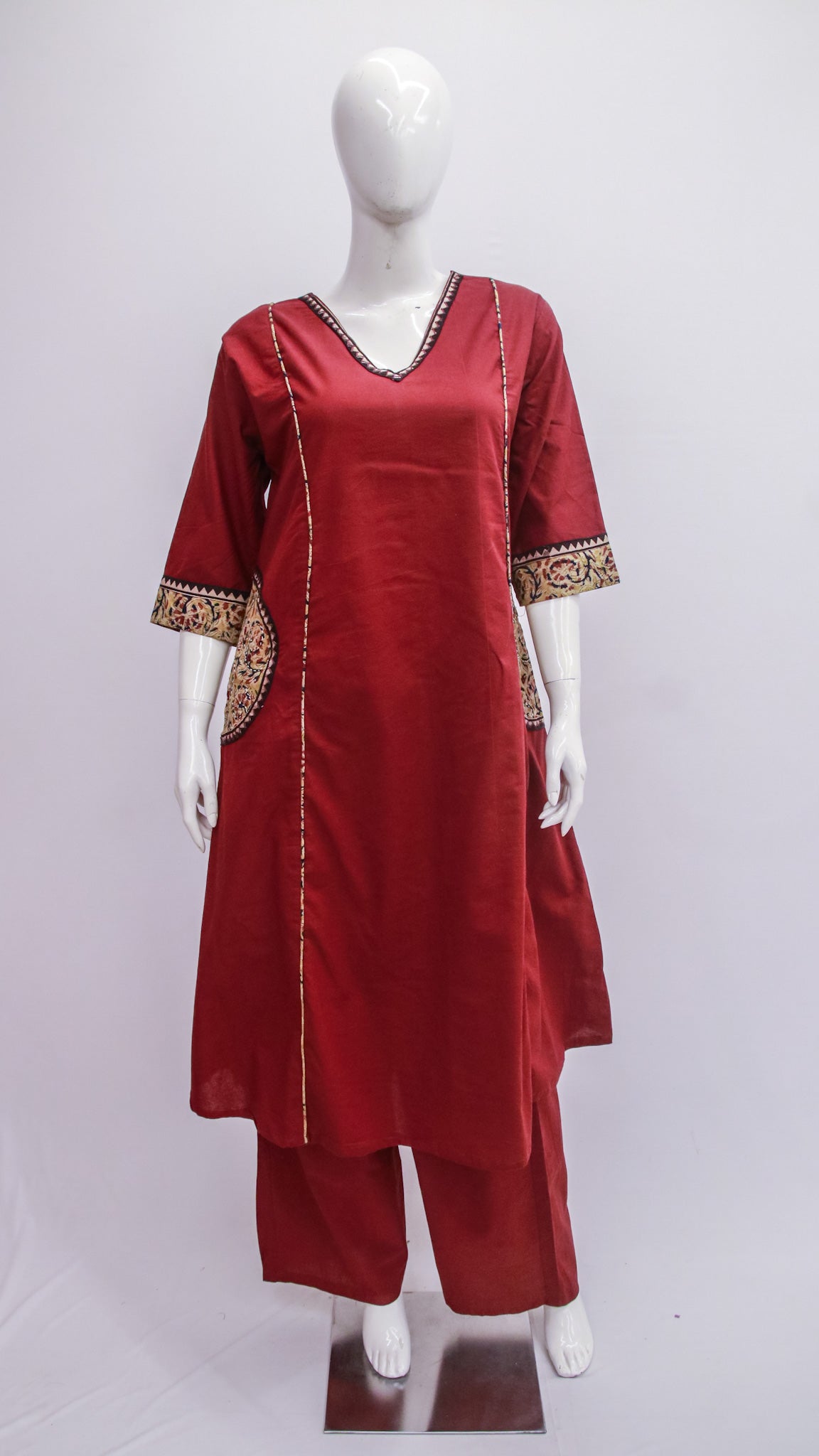 Maroon Cotton Top & Pant Set with Ajrakh pockets