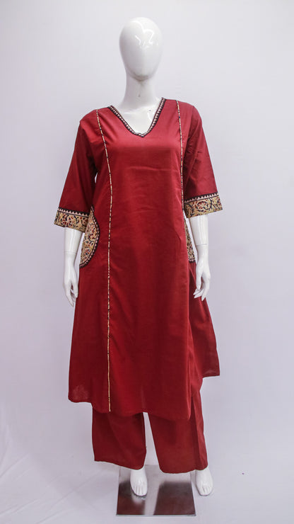 Maroon Cotton Top & Pant Set with Ajrakh pockets