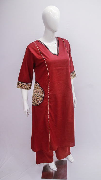 Maroon Cotton Top & Pant Set with Ajrakh pockets