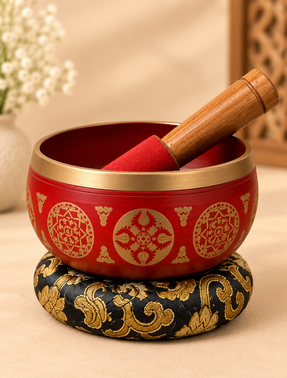 Red Engraved Singing Bowl with Wooden Mallet – 3.5 Inch