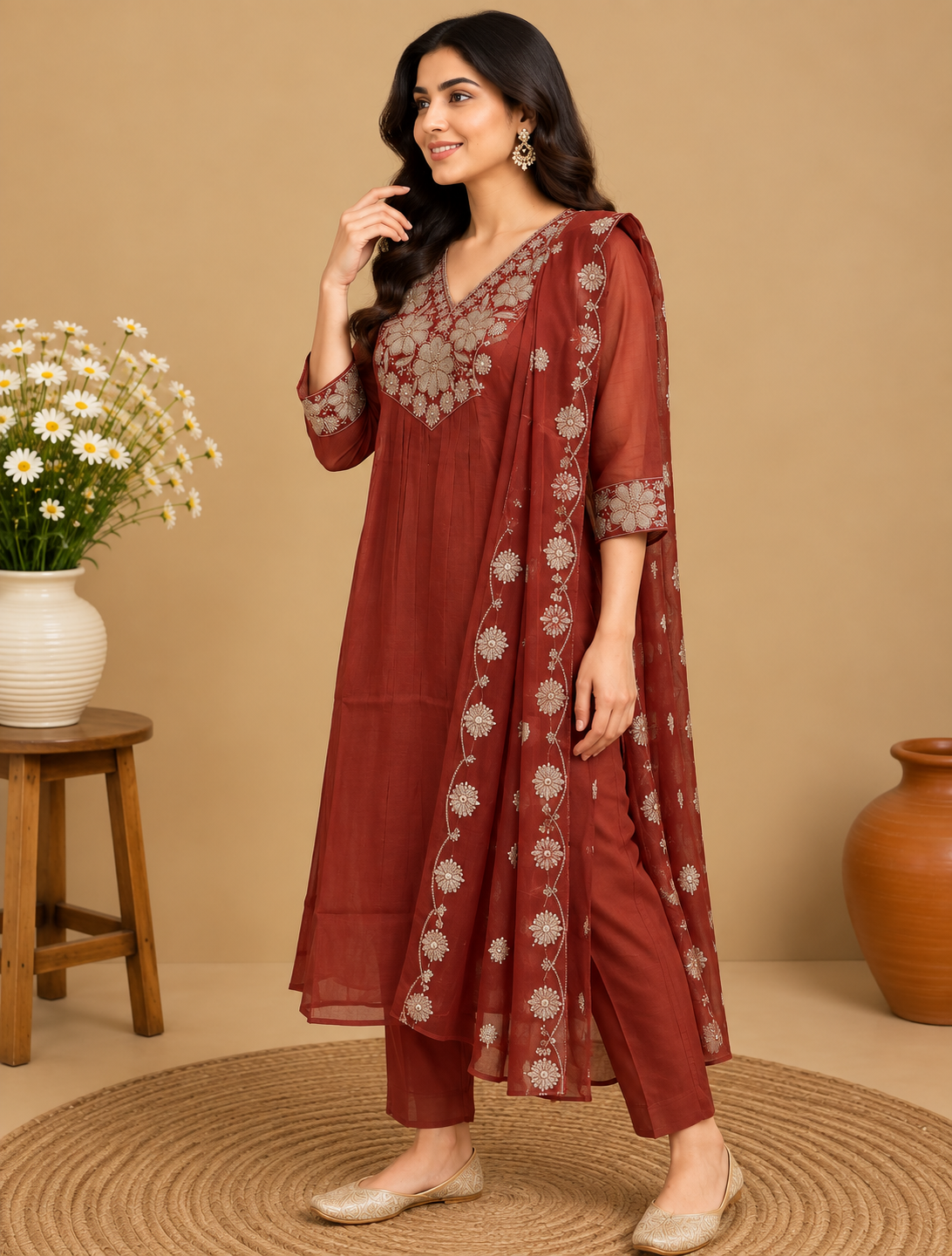Rust maroon floral embroidered salwar set with matching pants and embroidered dupatta