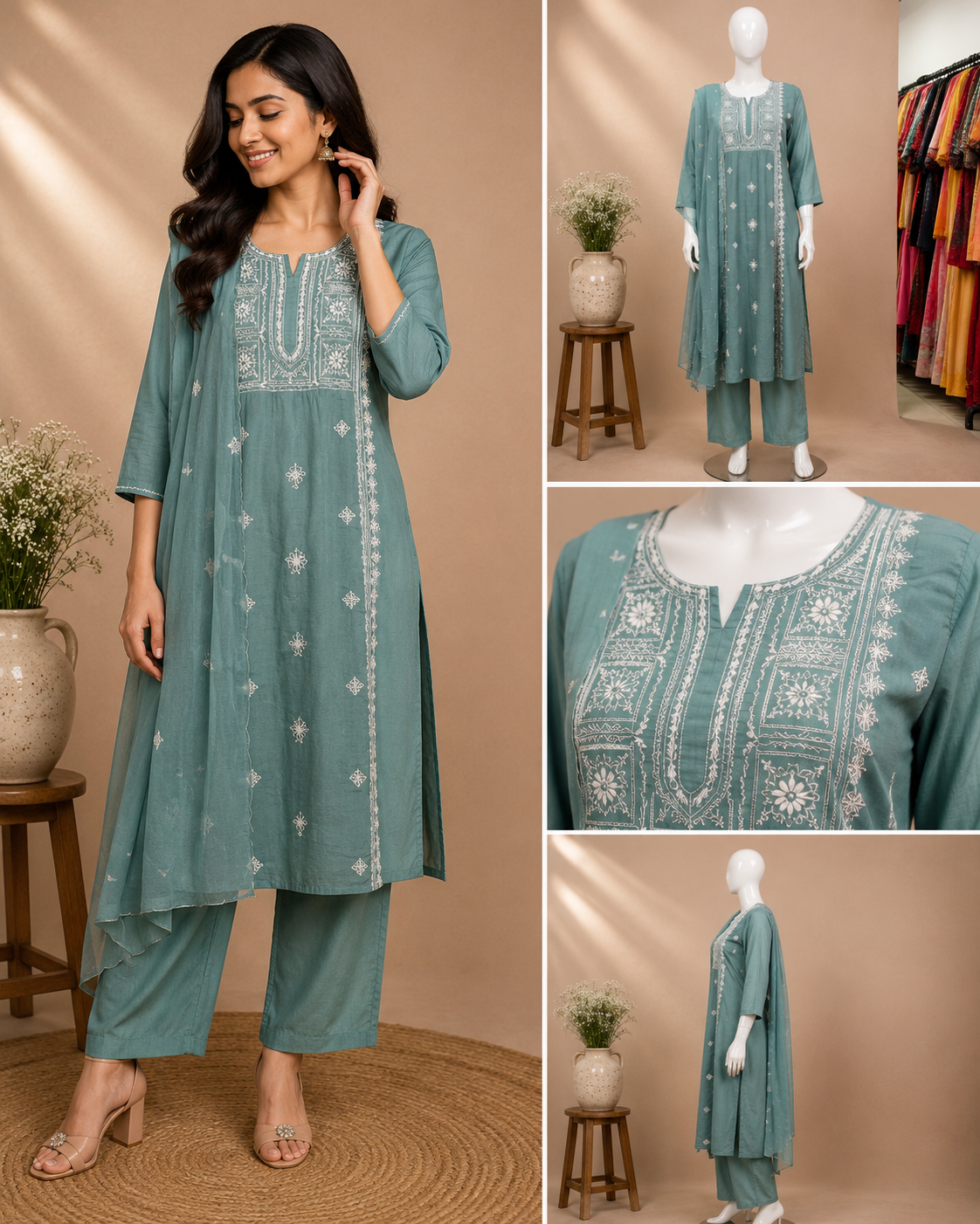 A woman modeling a teal-green kurta and trouser set with white embroidery, shown in a collage layout with close-up detail shots of the neckline embroidery and mannequin views.