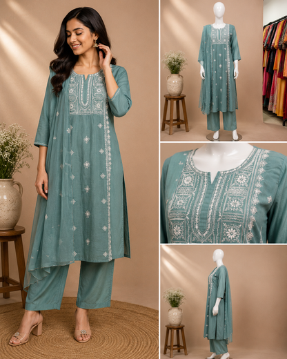 A woman modeling a teal-green kurta and trouser set with white embroidery, shown in a collage layout with close-up detail shots of the neckline embroidery and mannequin views.
