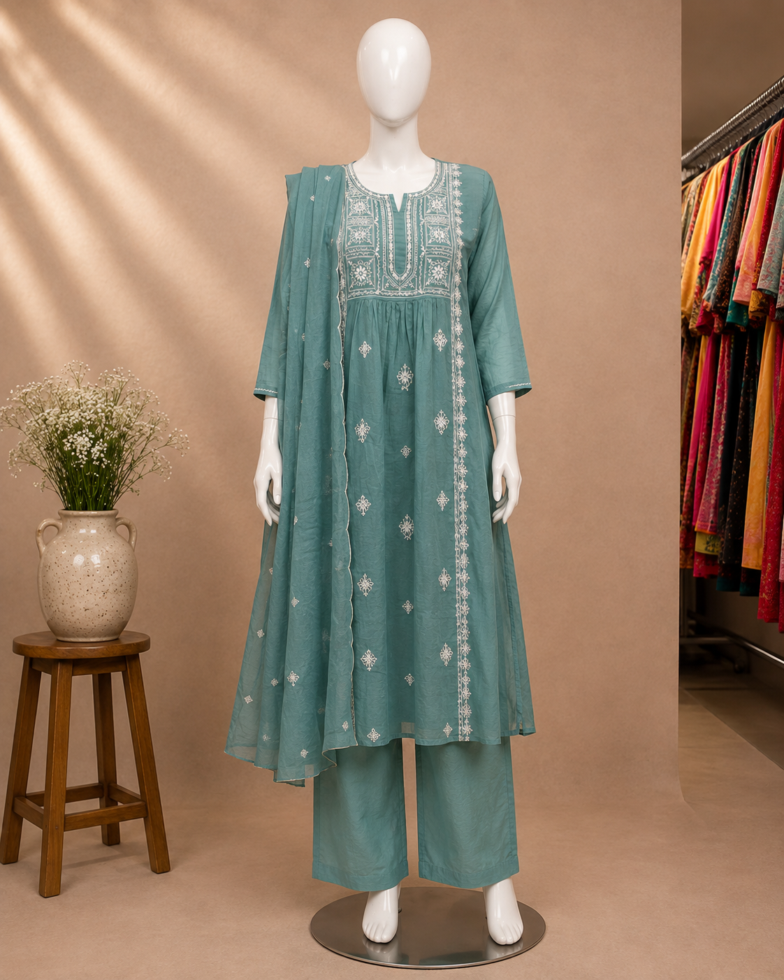 A teal green women's kurta set displayed on a white mannequin, featuring a long tunic with white embroidery, matching wide-leg trousers, and a coordinating dupatta. The set is photographed in a boutique setting with a beige wall, a wooden stool with a vase of flowers, and colorful garments hanging in the background.