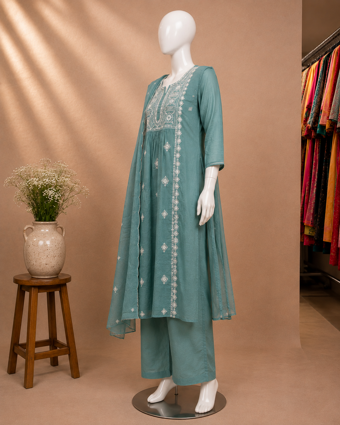 A teal green ethnic kurta set with matching trousers displayed on a white mannequin. The set features white embroidery on the chest and down the front center.