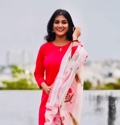 Pink Plain Cotton Dupatta Set