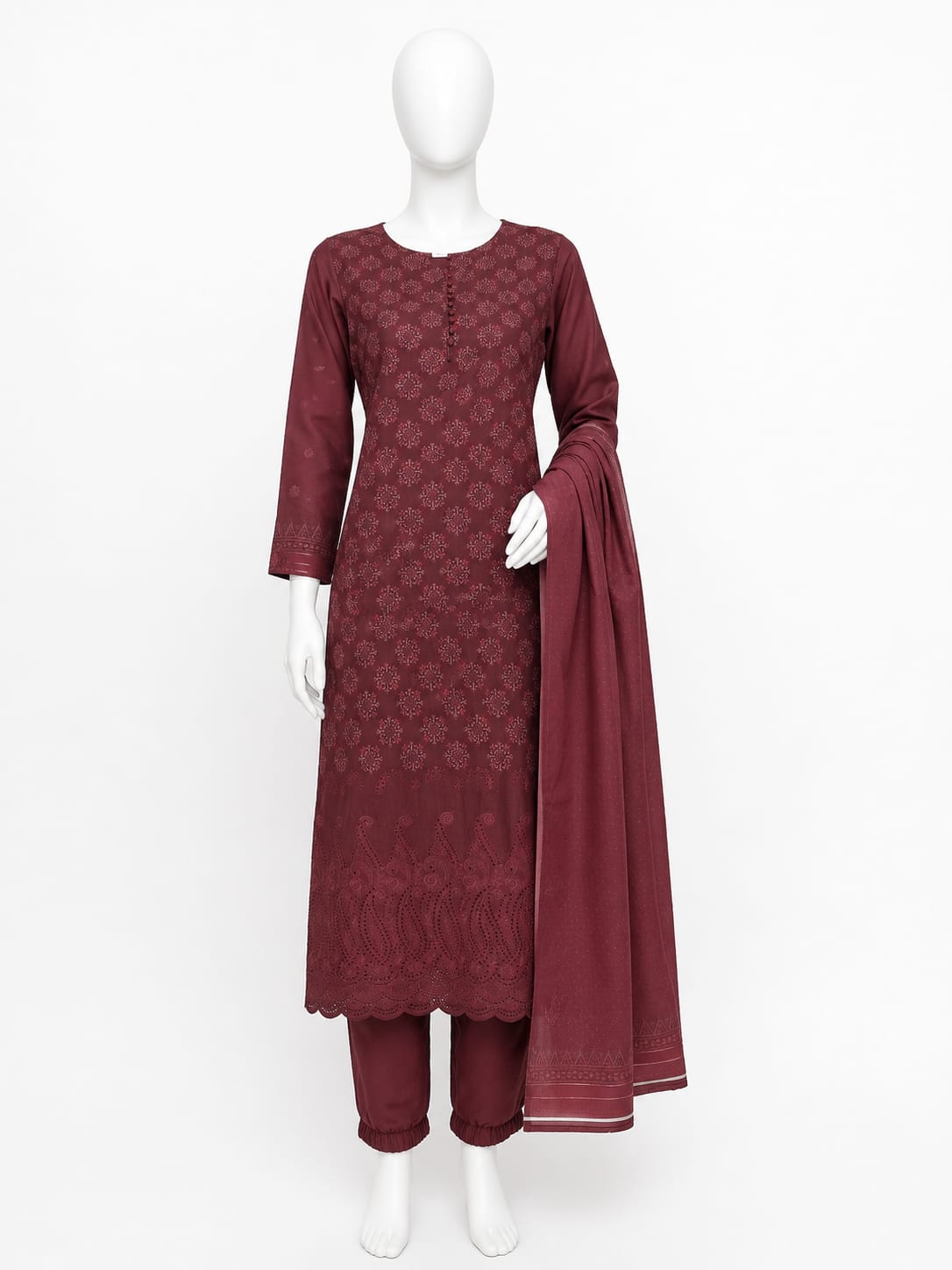 Maroon traditional outfit with a matching dupatta on a white mannequin against a white background
