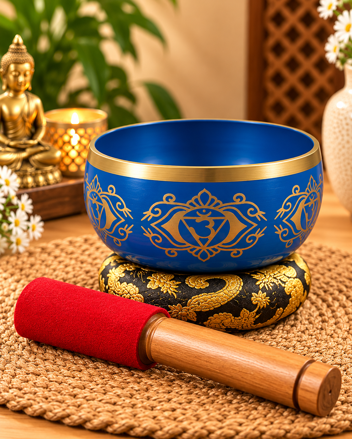 Top view of a blue chakra singing bowl with a golden rim and gold chakra symbol engraved inside, accompanied by a red-tipped wooden mallet on a natural jute mat.