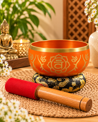 Orange Chakra Singing Bowl with Wooden Mallet and Cushion – 4.5 Inch