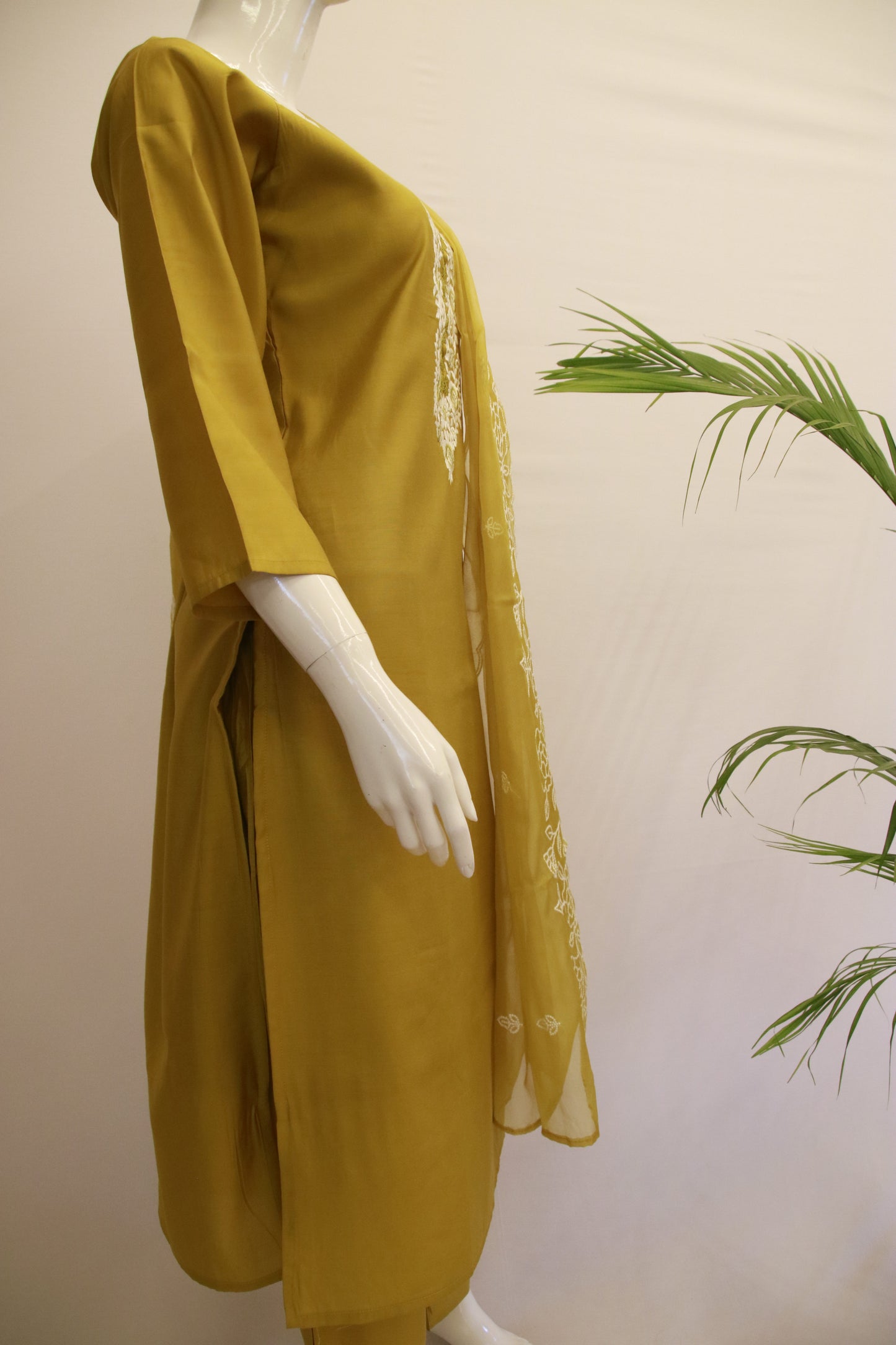 Silk Mustard Chikankari Dupatta Set