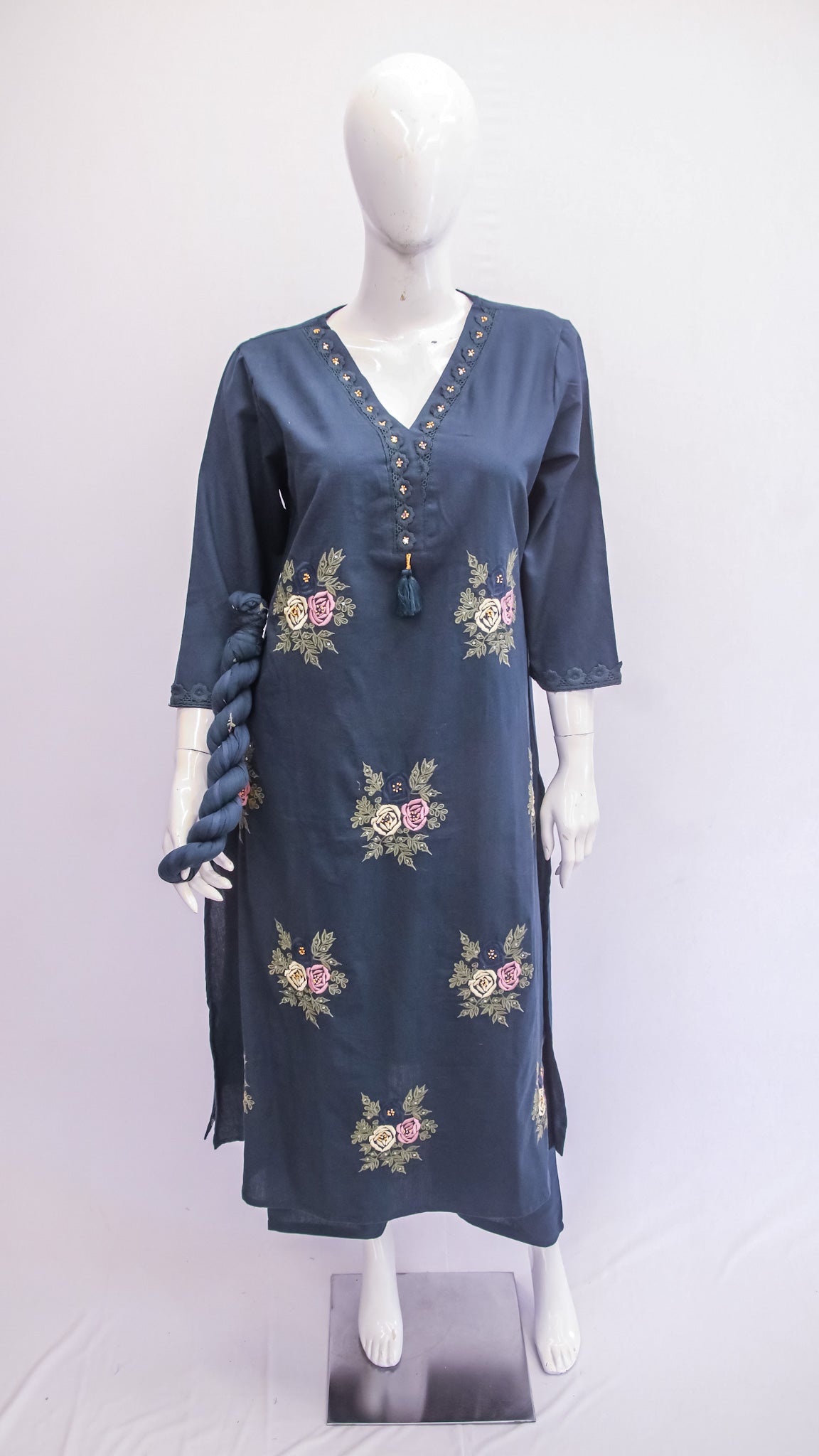 Slate Blue Embroidered Kurta Set Dupatta Set