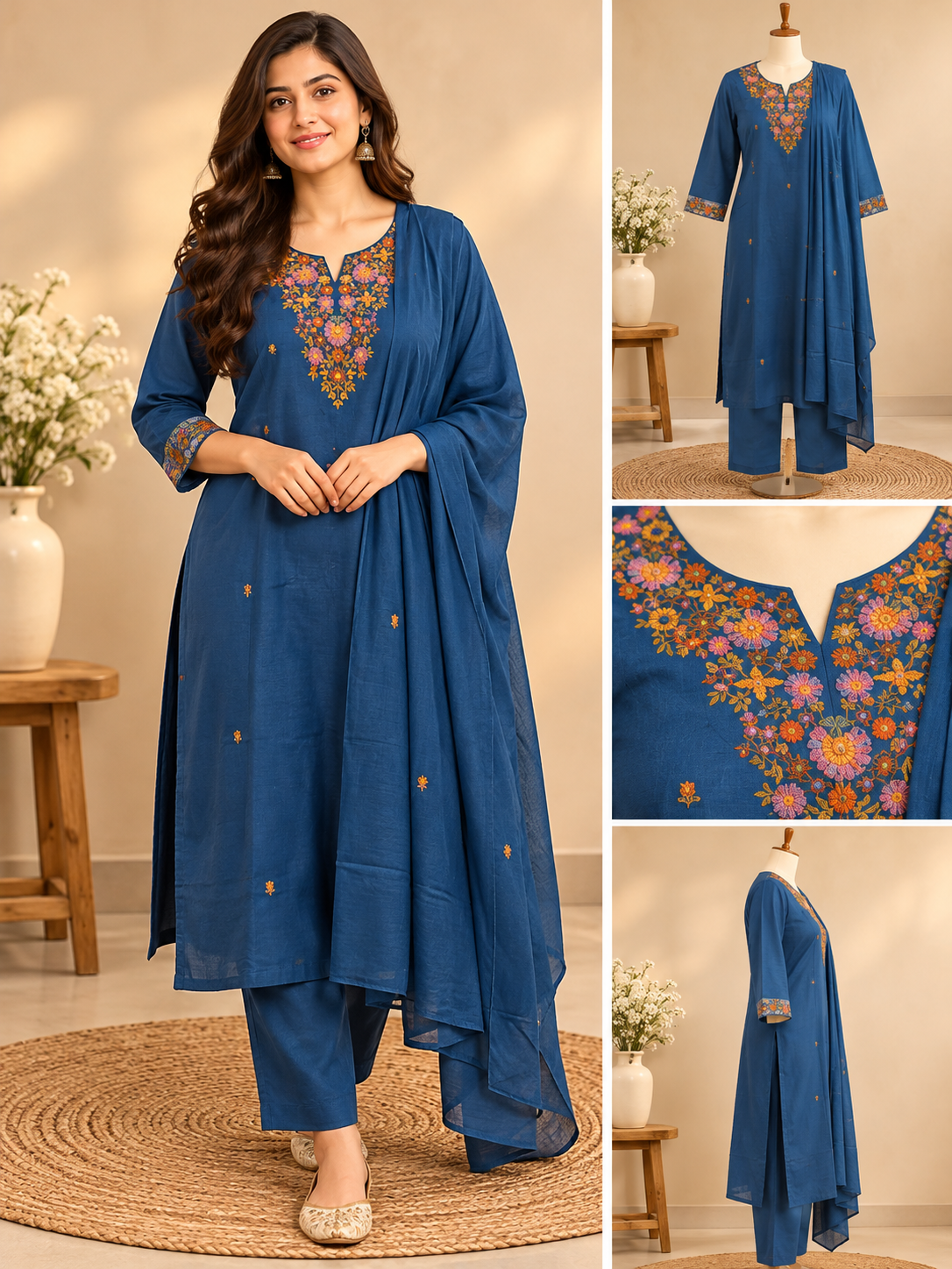 Blue women's kurta pant set with multicolour floral embroidery, matching pants and blue dupatta.