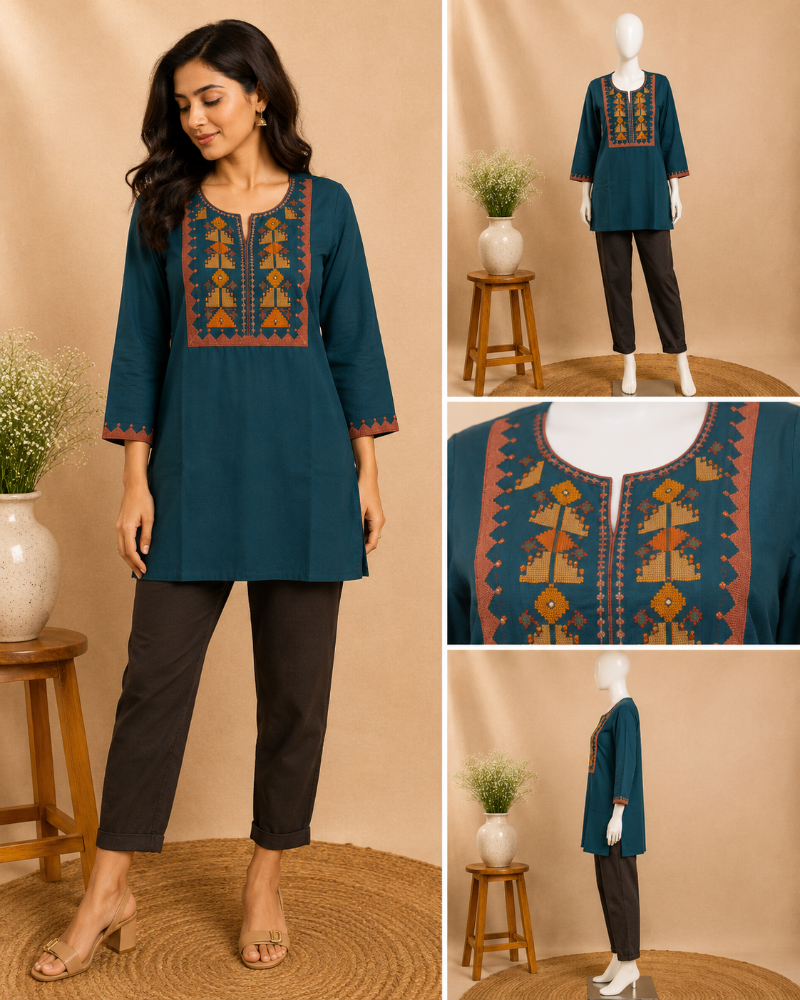 A woman models a teal kurta with orange and yellow geometric embroidery on the neckline and cuffs, paired with dark brown cropped pants, shown alongside close-up inset views of the garment on a mannequin.