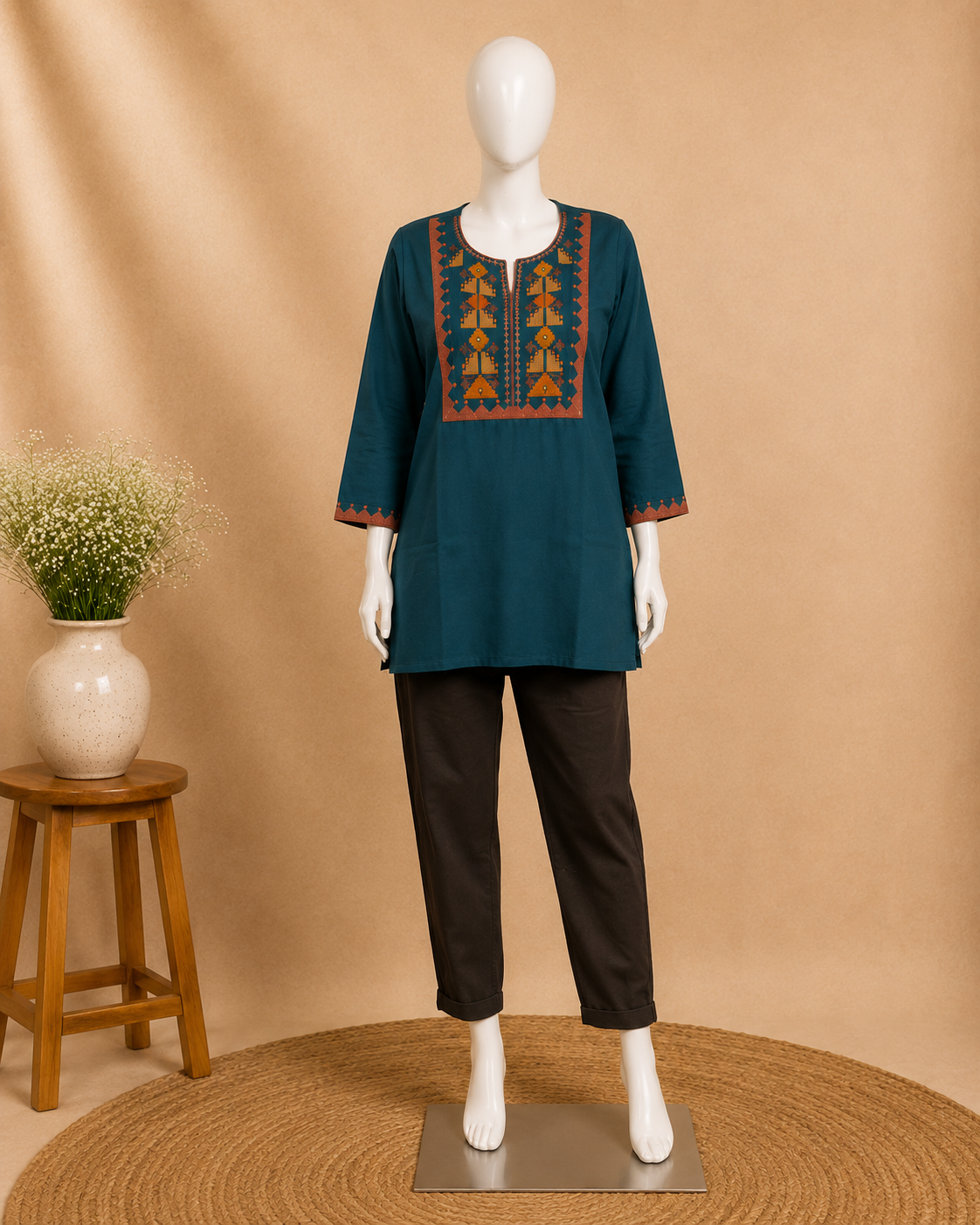 A mannequin wearing a teal kurta with orange and red geometric embroidery around the neckline and sleeve cuffs, paired with dark brown cropped pants, set against a warm beige backdrop with a small wooden stool and vase of flowers.