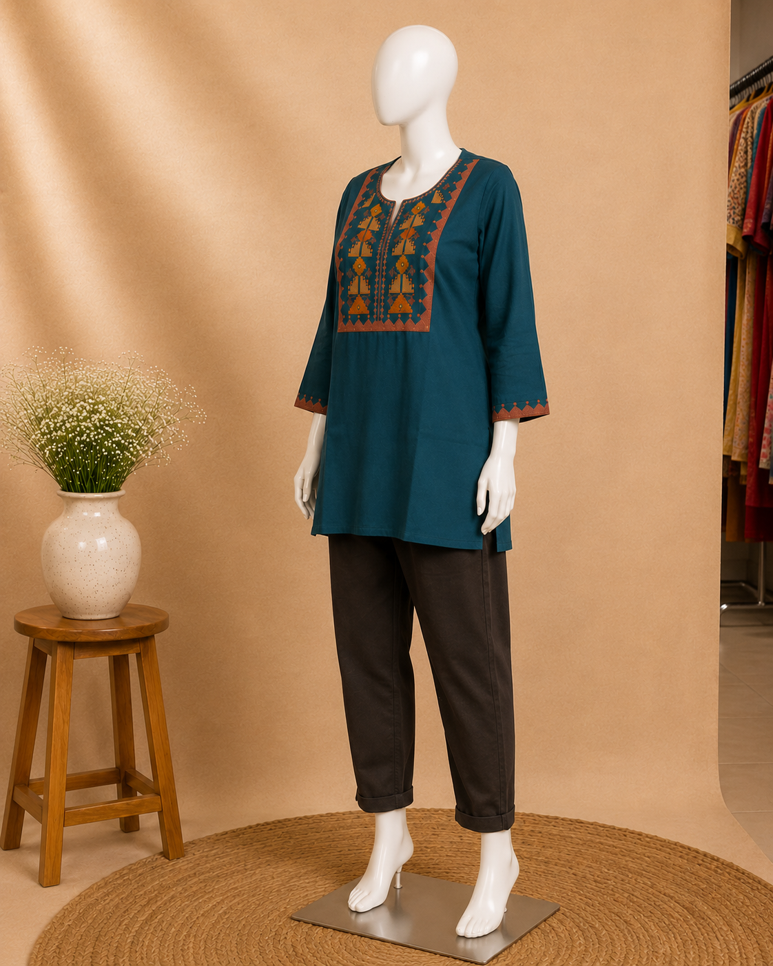 A mannequin wearing a teal kurta with orange and yellow geometric embroidery on the chest and sleeve cuffs, paired with dark brown cropped pants, set against a warm beige studio backdrop with a small wooden stool and vase of flowers.