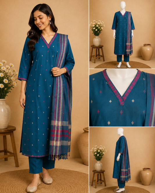 A three-panel collage showing a blue traditional kurta set worn by a woman and displayed on a mannequin. The left panel shows the full outfit on a model in a studio setting, with the right panels showing close-up details of the V-neckline and side drape.