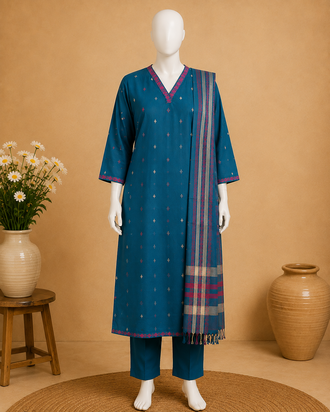 A teal blue three-piece traditional outfit displayed on a white mannequin, featuring a V-neck kurta with small metallic motifs, matching trousers, and a striped dupatta, set against a warm beige background with decorative vases.