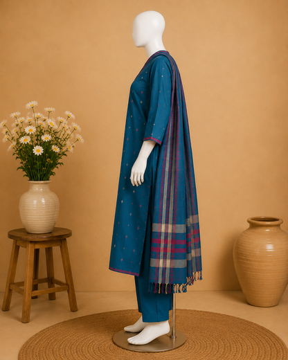 A three-piece Indian salwar kameez suit set in teal blue, displayed on a white mannequin. The set includes a long-sleeve kurta with small gold motifs, matching trousers, and a striped dupatta with blue, purple, and beige colors.
