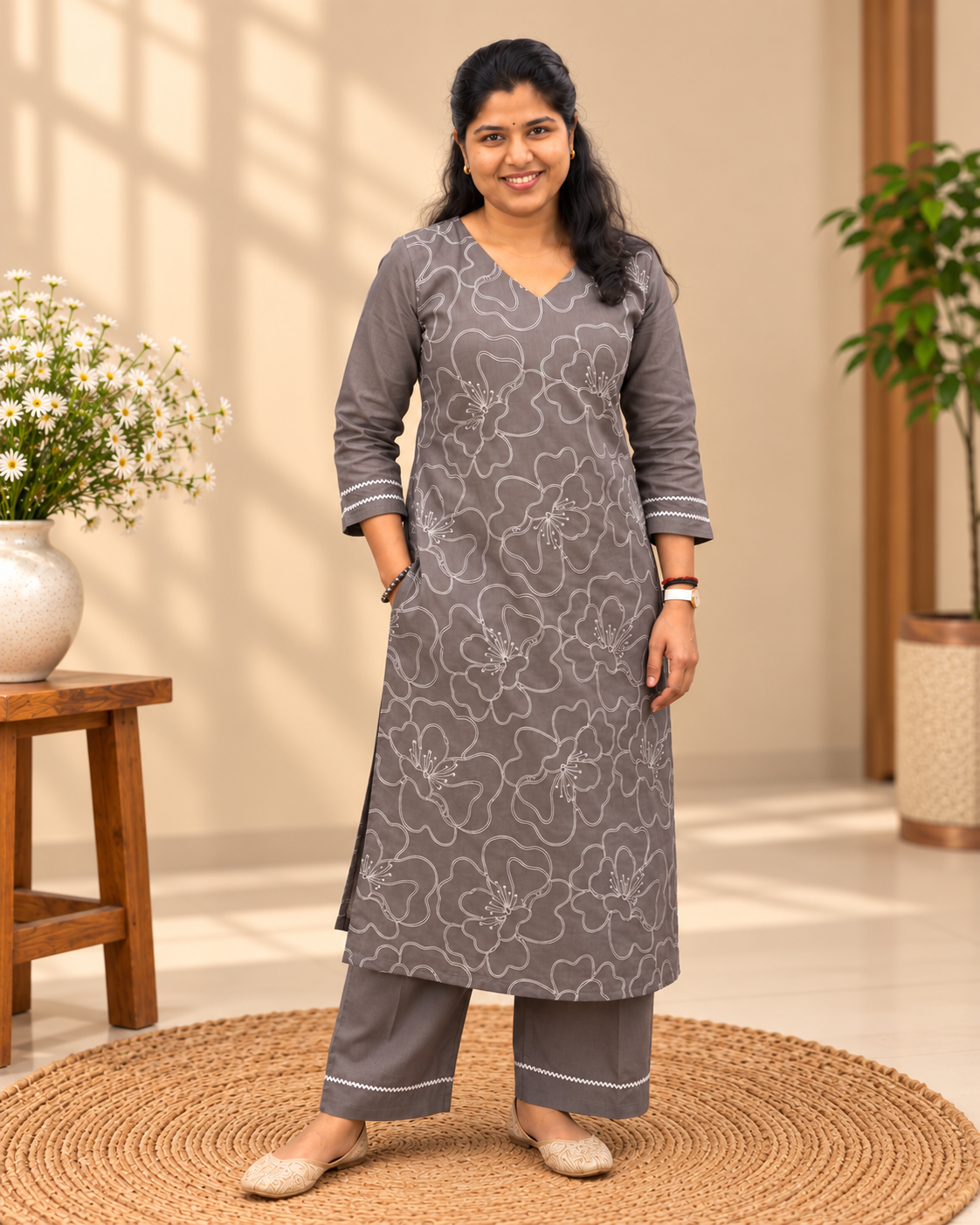 Grey kurta pant set for women featuring white floral embroidery, V-neckline, three-quarter sleeves and matching pants.