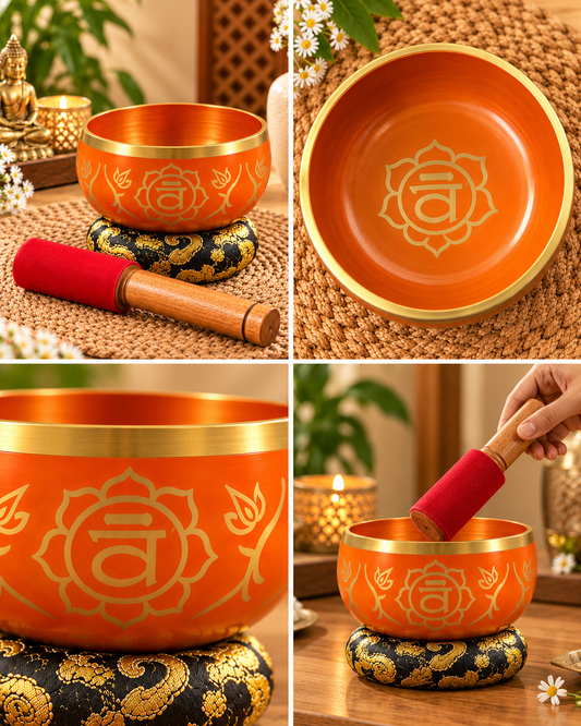 Orange Chakra Singing Bowl with golden chakra engraving, matching black and gold cushion, and red-tipped wooden mallet displayed in a warm meditation setting.
